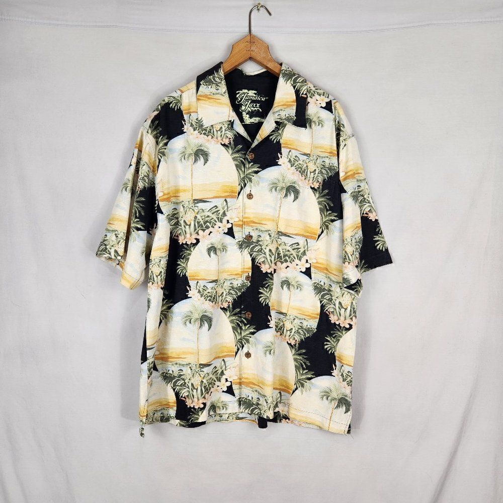 Jamaica Jaxx Silk Shirt Mens L Tan Black Green Tropical Hawaiian Short Sleeve
